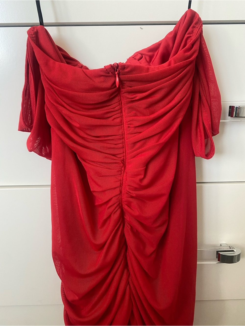 Red Ruched Off-Shoulder High-slit Dress - Picture 5 of 5